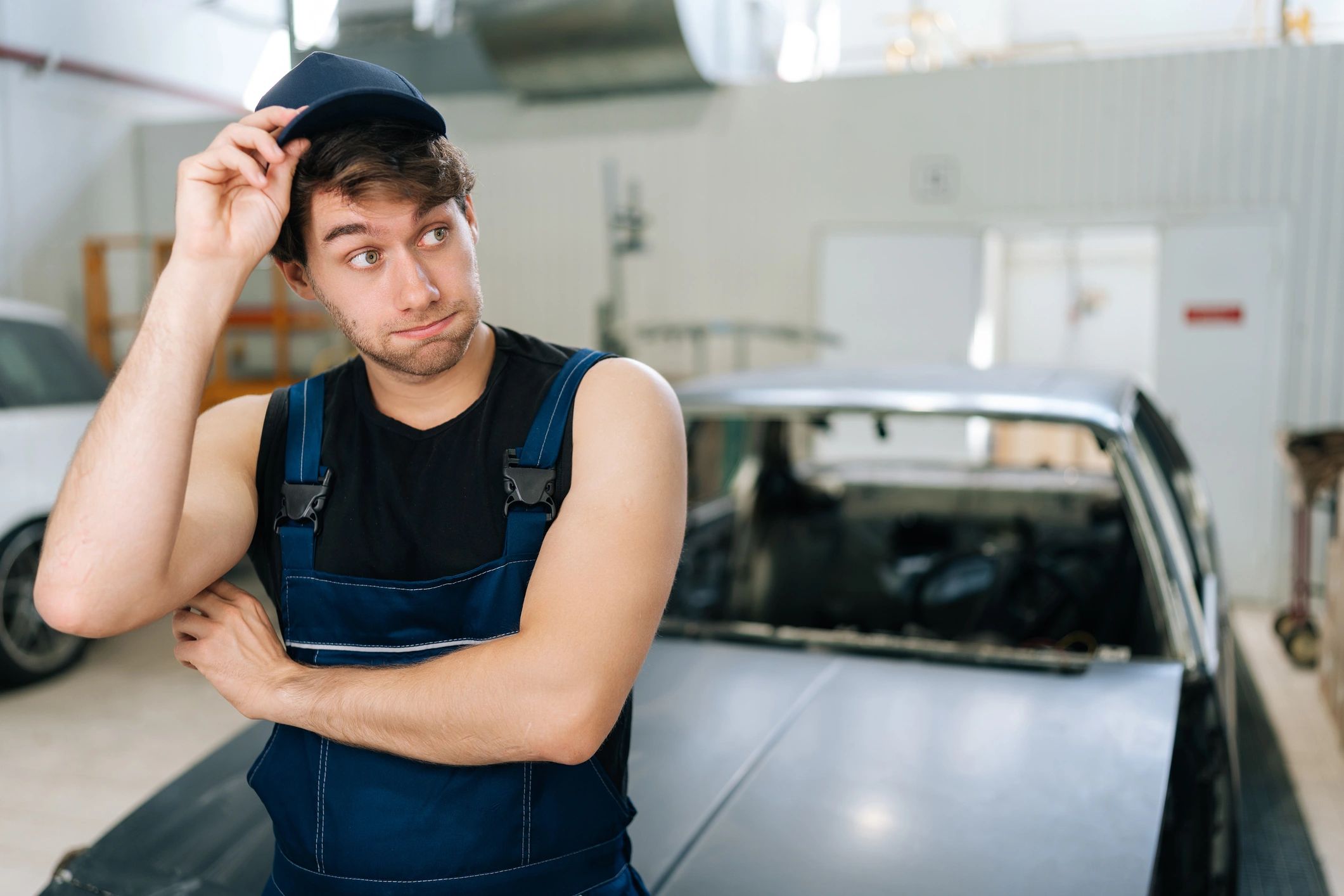 Mechanic standing beside a vehicle under repair
